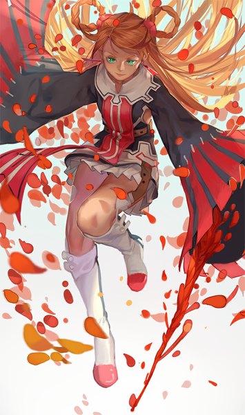 Anime picture 699x1181 with original pixiv fantasia pixiv fantasia fallen kings yuukaku single long hair tall image white background green eyes long sleeves from above orange hair looking down spread arms jumping girl petals knee boots