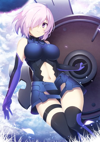 Anime picture 1433x2023 with fate (series) fate/grand order mash kyrielight yuzu modoki single tall image looking at viewer blush fringe short hair breasts light erotic smile large breasts purple eyes bare shoulders holding purple hair cloud (clouds) bent knee (knees)