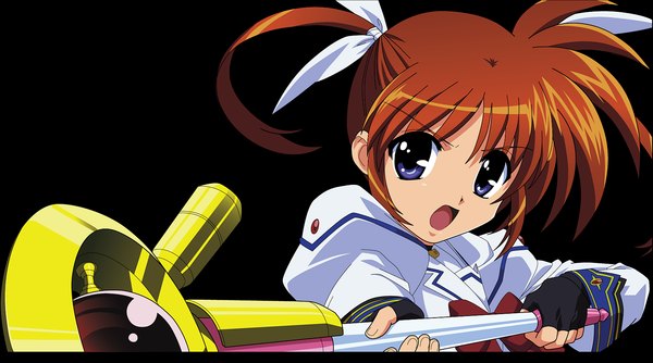 Anime picture 1600x892 with mahou shoujo lyrical nanoha takamachi nanoha single looking at viewer short hair open mouth simple background brown hair wide image purple eyes twintails black background fighting stance girl gloves fingerless gloves staff