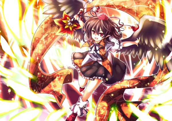Anime picture 2000x1414 with touhou shameimaru aya fuepo single highres short hair open mouth black hair red eyes pointy ears black wings girl wings fan tokin hat hauchiwa