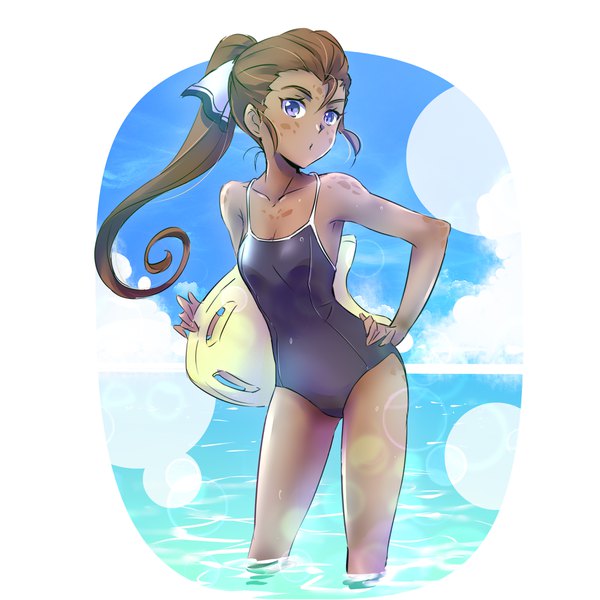 Anime picture 4000x4000 with rwby rooster teeth ilia amitola iesupa single long hair looking at viewer highres blue eyes simple background brown hair absurdres sky cloud (clouds) ponytail :o wet hand on hip partially submerged lens flare