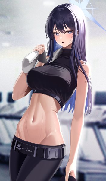 Anime picture 3000x5117 with blue archive saori (blue archive) re-leaf single long hair tall image looking at viewer blush fringe highres breasts open mouth blue eyes light erotic black hair hair between eyes standing bare shoulders holding multicolored hair