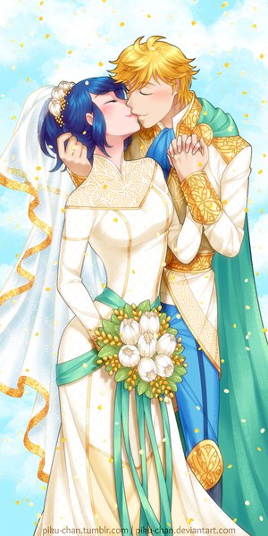 Anime picture 900x1800 with miraculous ladybug marinette cheng adrien agreste piku-chan long hair tall image blush short hair blonde hair signed blue hair eyes closed hair flower couple holding hands kiss wedding girl dress boy