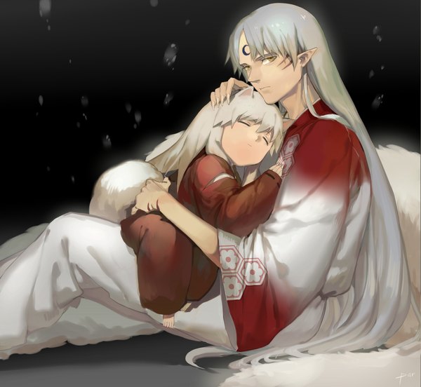 Anime picture 1807x1663 with inuyasha sesshomaru inuyasha (character) par looking at viewer highres animal ears yellow eyes silver hair eyes closed very long hair japanese clothes barefoot pointy ears hug black background sleeping kimono fur moon