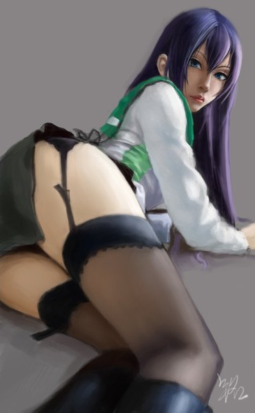 Anime picture 1063x1721 with highschool of the dead madhouse busujima saeko ratsu (artist) single long hair tall image blue eyes light erotic simple background blue hair ass lying looking back lips realistic legs girl thighhighs skirt