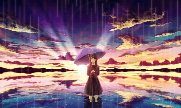 Anime picture 1682x1004 with original amemura long hair brown hair wide image brown eyes sky cloud (clouds) tears evening sunset rain landscape crying scenic girl uniform school uniform water umbrella