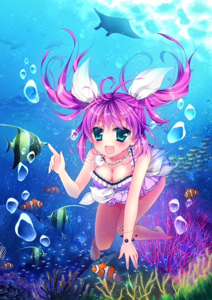 Anime picture 1062x1500 with umi monogatari zexcs urin (umi monogatari) mikazuki sara single long hair tall image blush breasts open mouth twintails green eyes purple hair underwater girl swimsuit bubble (bubbles) fish (fishes)