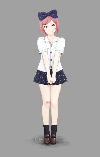 Anime picture 1299x2048 with original lika (jubi) jubi (regiana) single tall image looking at viewer short hair simple background smile red eyes standing signed pink hair full body pleated skirt grey background bare legs short sleeves character names polka dot