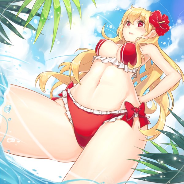 Anime picture 1500x1500 with sword girls goyain single long hair blush breasts open mouth light erotic blonde hair red eyes sky cloud (clouds) hair flower midriff girl navel hair ornament flower (flowers) bow swimsuit
