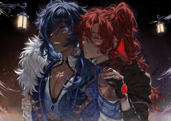Anime picture 1433x1013 with genshin impact diluc ragnvindr kaeya alberich lux casari long hair fringe blue eyes smile hair between eyes red eyes blue hair ponytail red hair hair over one eye multiple boys dark skin shounen ai hand on another's shoulder boy gloves