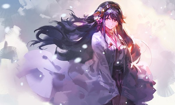 Anime-Bild 1280x768 mit kantai collection haruna battleship kishiyo single long hair looking at viewer fringe black hair smile hair between eyes red eyes wide image standing upper body long sleeves traditional clothes japanese clothes hair flower light smile wind