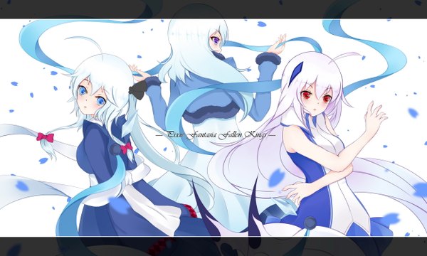 Anime picture 2500x1500 with original pixiv fantasia pixiv fantasia fallen kings dusk/dawn long hair looking at viewer blush highres blue eyes red eyes wide image white background purple eyes multiple girls white hair girl dress bow hair bow petals