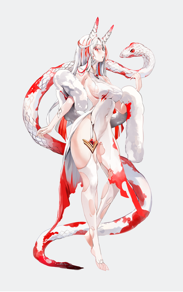 Anime picture 2200x3500 with original zerocat single long hair tall image looking at viewer fringe highres breasts open mouth light erotic simple background red eyes large breasts standing full body white hair profile multicolored hair horn (horns)