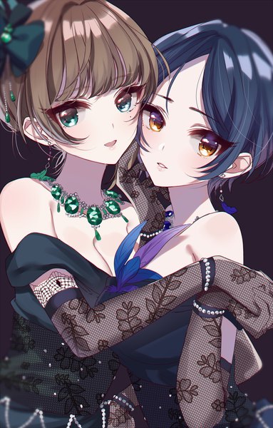 Anime picture 1277x2000 with idolmaster idolmaster cinderella girls idolmaster cinderella girls starlight stage takagaki kaede hayami kanade sinsihukunokonaka tall image looking at viewer blush fringe short hair breasts open mouth blue eyes simple background smile hair between eyes brown hair standing bare shoulders