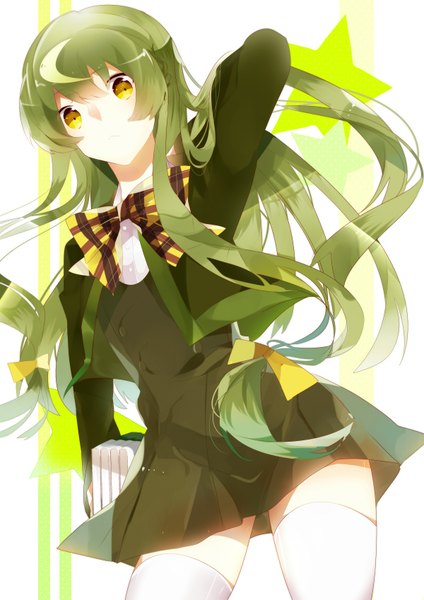 Anime picture 1200x1697 with original mf bunko omutatsu single long hair tall image yellow eyes green hair zettai ryouiki adjusting hair girl thighhighs dress ribbon (ribbons) hair ribbon white thighhighs bowtie book (books) blouse