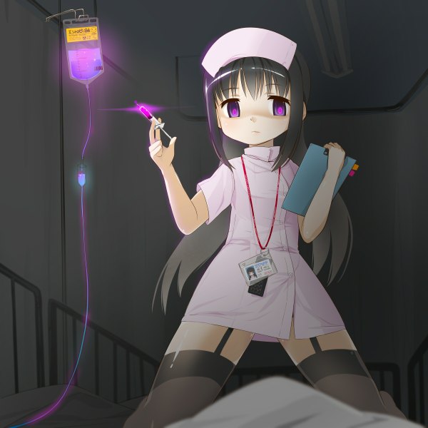 Anime picture 1200x1200 with mahou shoujo madoka magica shaft (studio) akemi homura kuro chairo no neko single long hair black hair purple eyes nurse girl thighhighs black thighhighs nurse cap syringe hospital intravenous drip