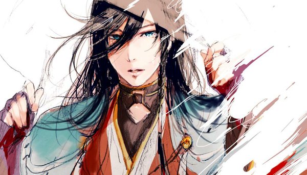 Anime picture 1024x586 with touken ranbu nitroplus izuminokami kanesada kiri chinpo ane single long hair looking at viewer black hair hair between eyes wide image white background traditional clothes parted lips head tilt japanese clothes fingernails lips boy