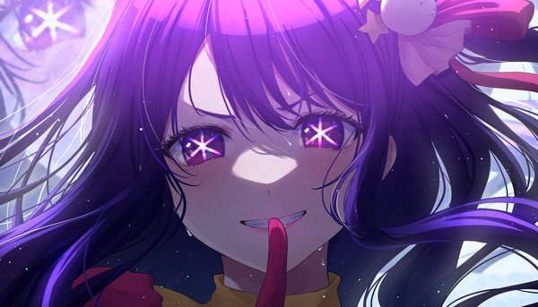 Anime picture 3524x2016 with oshi no ko hoshino ai (oshi no ko) kinaco 4738 single long hair looking at viewer blush fringe highres smile wide image purple eyes absurdres purple hair grin finger to mouth symbol-shaped pupils close-up face girl