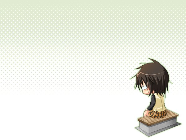 Anime picture 1024x768 with hyakko nippon animation kazamatsuri touma pikachi single short hair brown hair wallpaper tears plaid skirt chibi plaid skirt uniform school uniform glasses bench