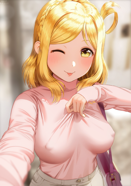Anime picture 1300x1839 with love live! sunshine!! sunrise (studio) love live! ohara mari egawo single long hair tall image looking at viewer blush fringe breasts light erotic blonde hair smile large breasts standing yellow eyes upper body braid (braids)