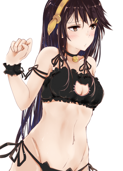 Anime picture 1309x1826 with kantai collection haruna battleship shirotaso0818 single long hair tall image blush fringe breasts light erotic black hair simple background white background brown eyes looking away underwear only groin bell collar paw pose girl