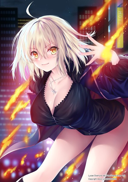 Anime picture 800x1131 with fate (series) fate/grand order jeanne d'arc (fate) (all) jeanne d'arc alter (fate) obiwan single tall image looking at viewer blush fringe short hair breasts light erotic smile hair between eyes large breasts standing yellow eyes silver hair ahoge