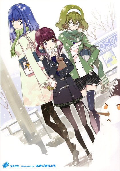 Anime picture 2517x3600 with girls, girls, girls! 11 (artbook) akizuki ryou (artist) long hair tall image highres short hair multiple girls brown eyes green eyes signed blue hair purple hair green hair scan official art dutch angle symbol-shaped pupils snowing snow eating