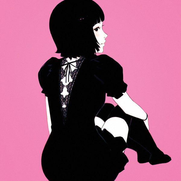 Anime picture 1080x1080 with original ilya kuvshinov single looking at viewer blush fringe short hair simple background smile sitting blunt bangs profile looking back from behind black eyes short sleeves no shoes puffy sleeves monochrome pink background