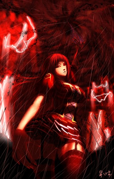 Аниме картинка 1000x1570 с оригинальное изображение yasushi shin izumi один (одна) длинные волосы высокое изображение смотрит на зрителя красные глаза красные волосы магия молния девушка чулки платье чулки (чёрные)