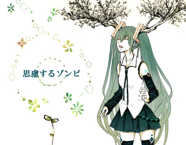 Anime picture 1516x1184 with vocaloid shiryosuru zombie (vocaloid) hatsune miku nekono mimiko (fleur-de-lis) single long hair open mouth bare shoulders eyes closed very long hair horn (horns) green hair tattoo singing girl thighhighs skirt black thighhighs plant (plants) detached sleeves