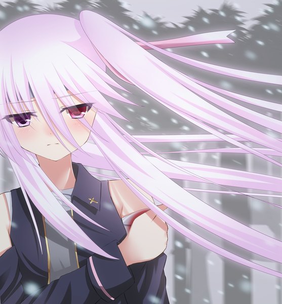 Anime picture 1400x1508 with original akine (kuroyuri) single long hair tall image blush bare shoulders white hair heterochromia one side up girl detached sleeves
