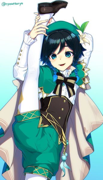 Anime picture 700x1225 with genshin impact venti (genshin impact) ryou@ryou single tall image short hair black hair simple background standing signed aqua eyes twitter username gradient background standing on one leg split standing split boy pantyhose beret white pantyhose
