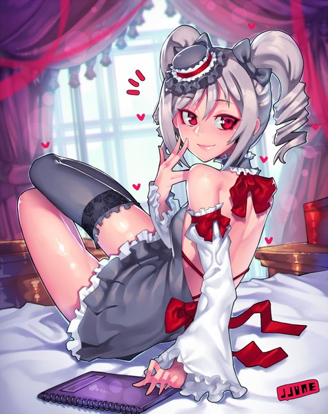 Anime picture 1396x1758 with idolmaster idolmaster cinderella girls kanzaki ranko jjune single long hair tall image looking at viewer red eyes twintails grey hair drill hair girl thighhighs dress hat detached sleeves single thighhigh