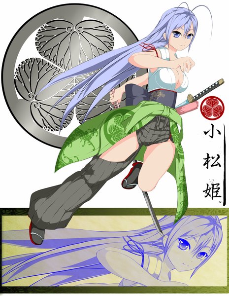 Anime picture 1000x1291 with tenjou tenge natsume maya ayase tamaki long hair tall image breasts blue eyes light erotic blue hair japanese clothes girl weapon sword katana