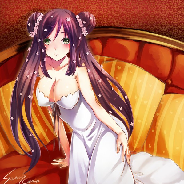 Anime picture 1000x1004 with original bichon168 long hair tall image looking at viewer blush breasts open mouth light erotic large breasts twintails green eyes signed cleavage purple hair hair flower girl dress hair ornament flower (flowers)