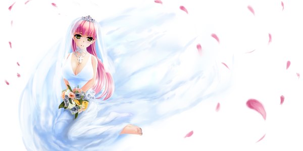 Anime picture 2000x1000 with original furai (blay) single long hair blush highres wide image white background bare shoulders yellow eyes pink hair barefoot legs girl dress flower (flowers) petals tiara bouquet wedding dress
