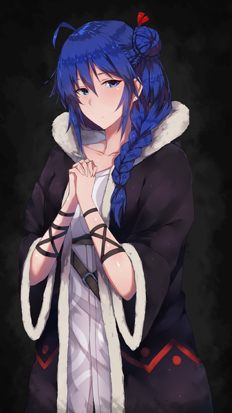 Anime picture 2250x4000 with chain chronicle sega futo momo(pixiv 15615239) single long hair tall image looking at viewer fringe highres blue eyes simple background hair between eyes payot blue hair ahoge braid (braids) open clothes wide sleeves hair bun (hair buns) fur trim