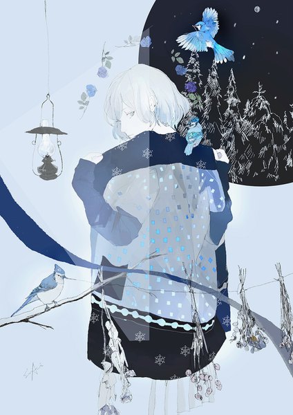 Anime picture 1000x1415 with original parel (artist) single tall image fringe short hair standing looking away head tilt pleated skirt looking back from behind snowflake print girl skirt flower (flowers) snowflake (snowflakes) lamp