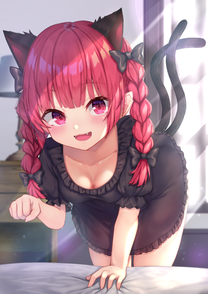 Anime picture 1447x2047 with touhou kaenbyou rin wowoguni single long hair tall image looking at viewer blush fringe breasts open mouth smile red eyes animal ears cleavage red hair indoors tail blunt bangs braid (braids)