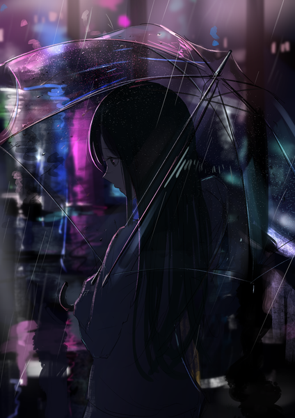 Anime picture 2894x4093 with original tararelux single long hair tall image fringe highres black hair hair between eyes standing holding looking away outdoors long sleeves profile black eyes blurry reflection rain expressionless