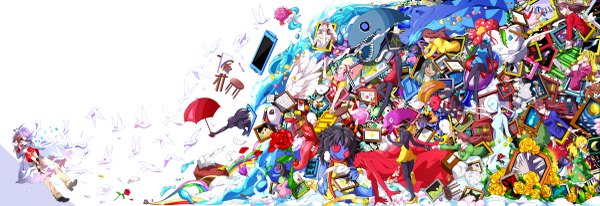 Anime picture 4800x1655 with ib (game) garry (ib) ib (ib) mary (ib) lady in red death of the individual lady in blue lady in green yuna (rutera) long hair highres short hair simple background blonde hair brown hair wide image white background purple hair eyes closed teeth