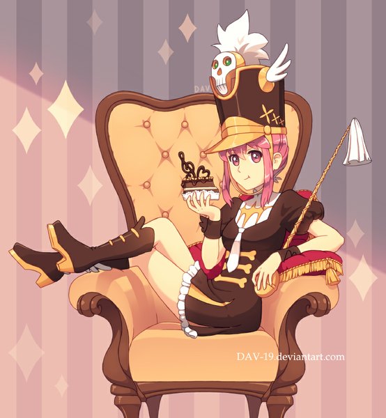 Anime picture 832x900 with kill la kill studio trigger jakuzure nonon dav-19 single tall image looking at viewer fringe short hair sitting signed payot pink hair pink eyes striped eating striped background girl dress hat