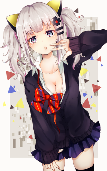 Anime picture 1700x2706 with virtual youtuber the moon studio kaguya luna sakura mochiko single long hair tall image looking at viewer blush fringe breasts open mouth blue eyes light erotic white background twintails cleavage silver hair blunt bangs long sleeves