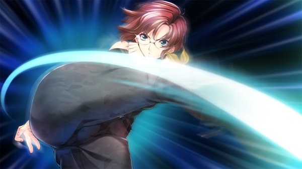 Anime picture 1280x720 with gun knight girl komiya tamaki sumeragi kohaku short hair blue eyes brown hair wide image game cg battle girl uniform glasses military uniform