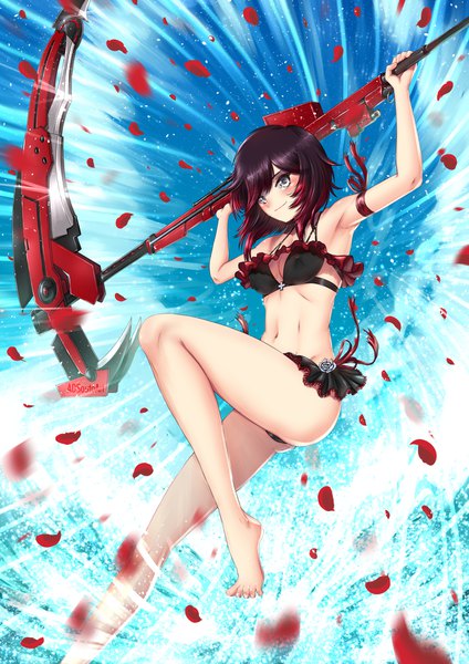 Anime picture 1240x1754 with rwby rooster teeth ruby rose adsouto single tall image blush fringe short hair breasts light erotic black hair smile hair between eyes bare shoulders holding signed sky cleavage full body