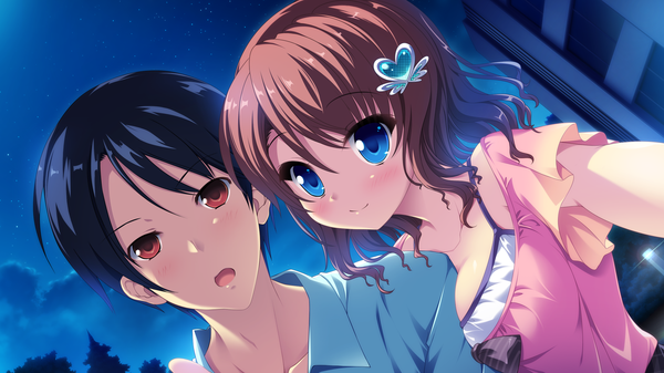 Anime picture 2560x1440 with cocoro@function! yuzuriha hijiri blush highres short hair open mouth blue eyes black hair smile red eyes brown hair wide image game cg couple girl dress boy hair ornament