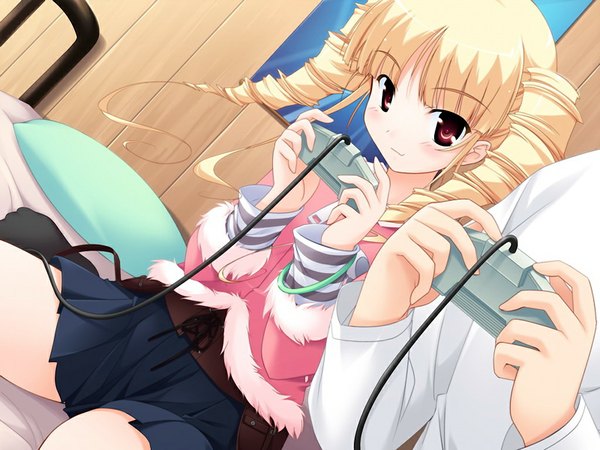 Anime picture 1024x768 with shirokuma bell stars tsukimori ririka blonde hair red eyes twintails game cg playing games girl