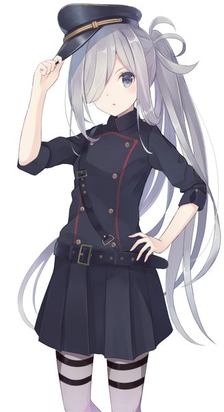 Anime-Bild 1092x2000 mit kantai collection asashimo (kantai collection) huuyu single long hair tall image looking at viewer fringe simple background white background parted lips grey hair hair over one eye grey eyes hand on hip side ponytail girl pantyhose peaked cap