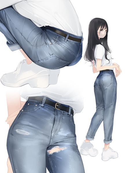 Anime-Bild 794x1100 mit original ama mitsuki long hair tall image looking at viewer fringe black hair simple background standing white background brown eyes full body short sleeves hands behind back squat multiview holding arm girl shoes belt