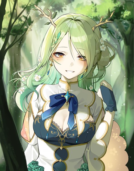 Anime picture 3500x4470 with virtual youtuber hololive hololive english ceres fauna ceres fauna (1st costume) taccho single long hair tall image looking at viewer highres smile yellow eyes absurdres cleavage upper body outdoors horn (horns) green hair mole